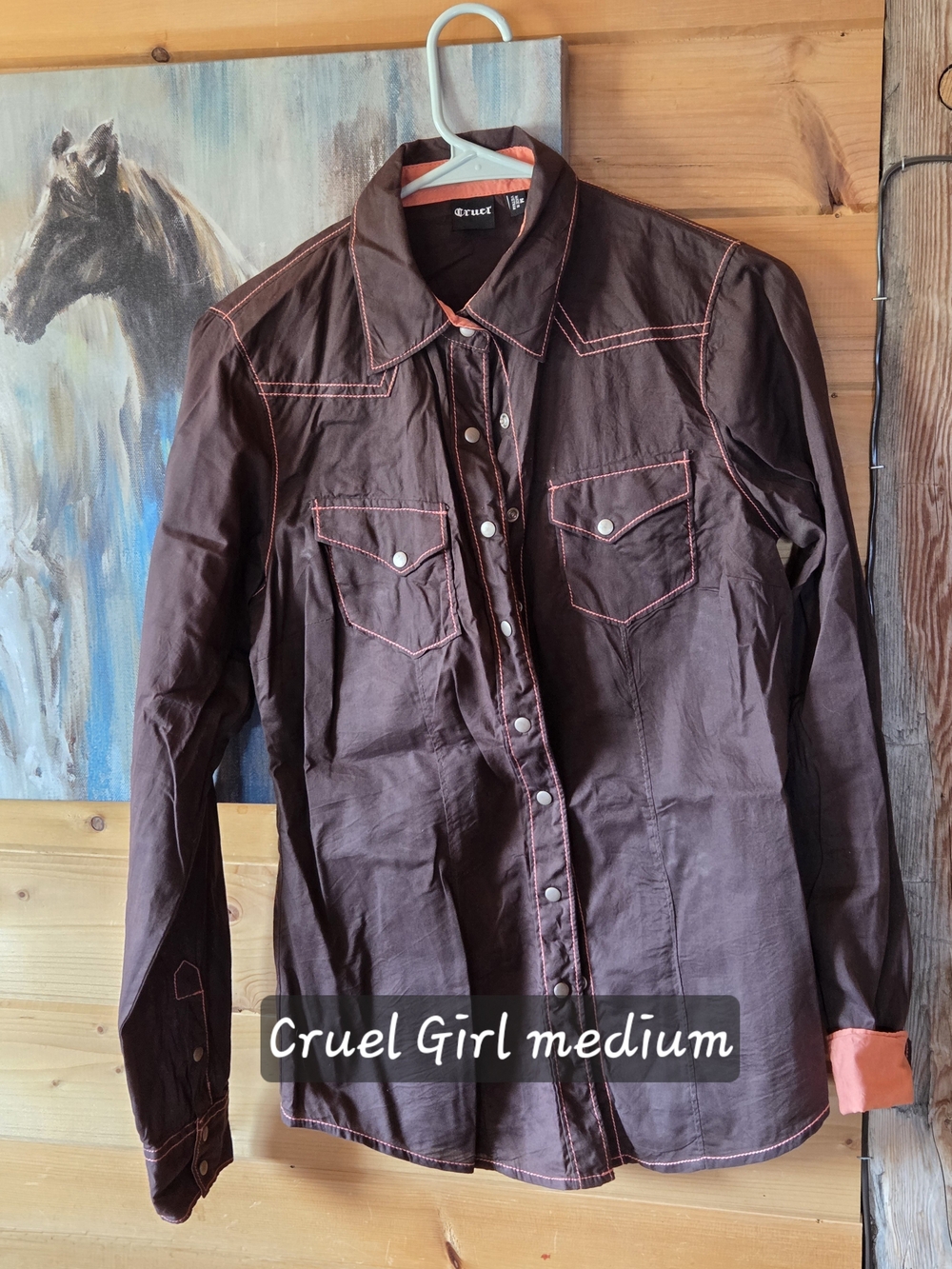 Cruel Girl Brown Western Shirt with Pink Contrast Stitching